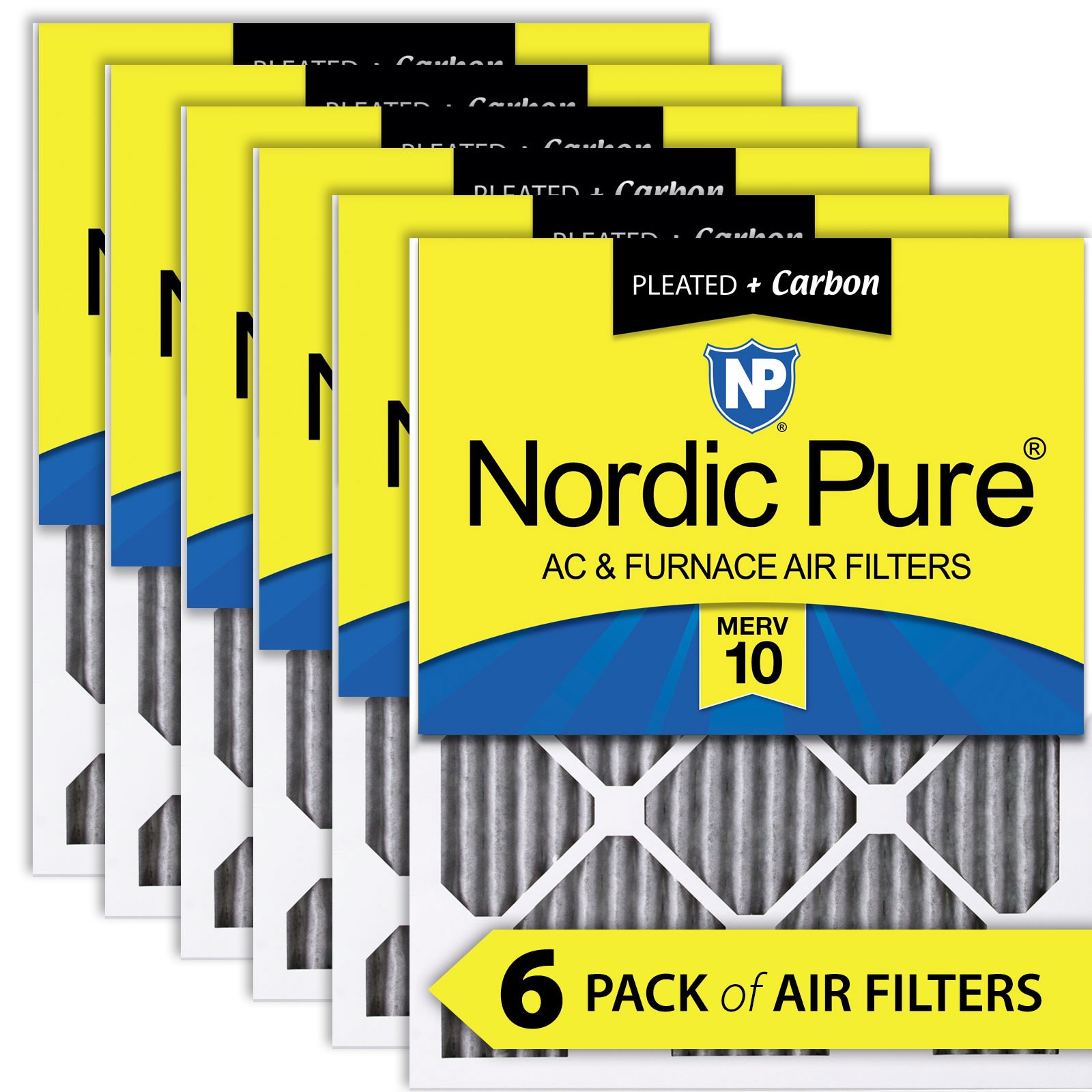 16x20x1 (15_1/2x19_1/2) Furnace Air Filters MERV 10 Pleated Plus Carbon 6 Pack