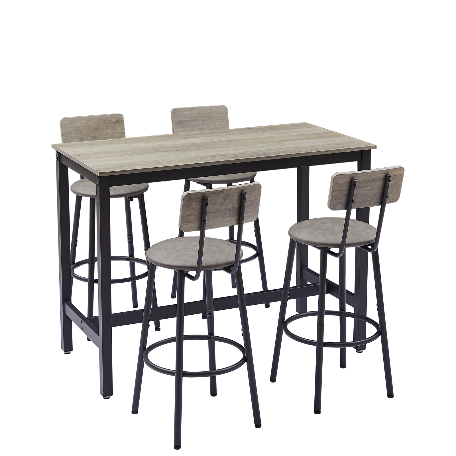 5 Piece Dining Table and Bar Stools Set Pub Table Kitchen 4x PU Bar Chairs Gray