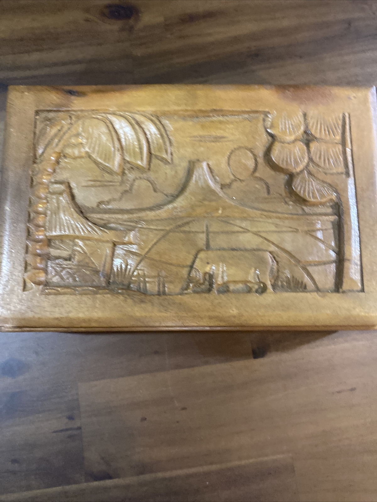 Handmade Cottage wood Carved trinket or cigar box. elephant village