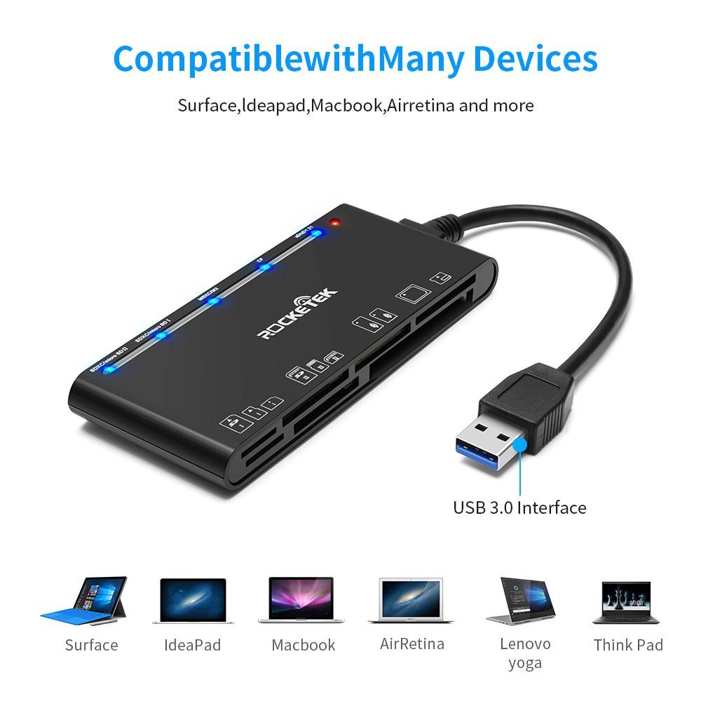 Card Reader USB 3.0, Multi-Card Reader for xD/CF/MS/SD/TF, 7-in-1 Memory Adapter
