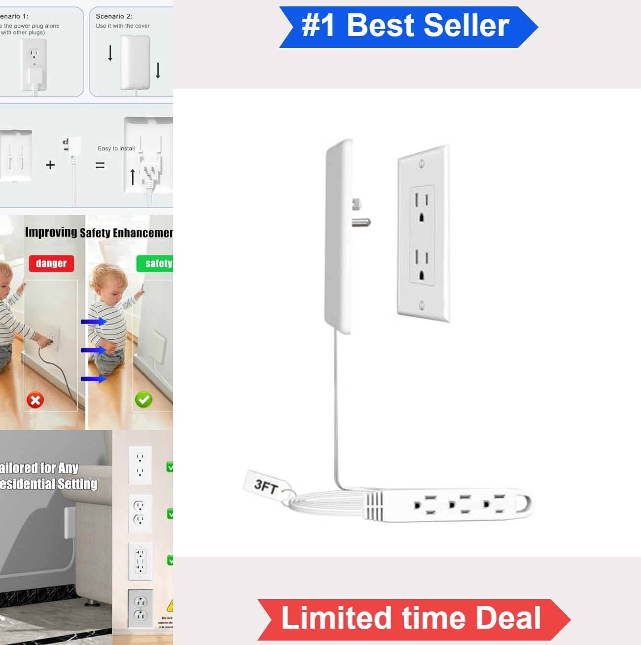Extension Cord Power Strip 3 Outlet Ultra Flat Plug 3FT 13A 125V 1625W