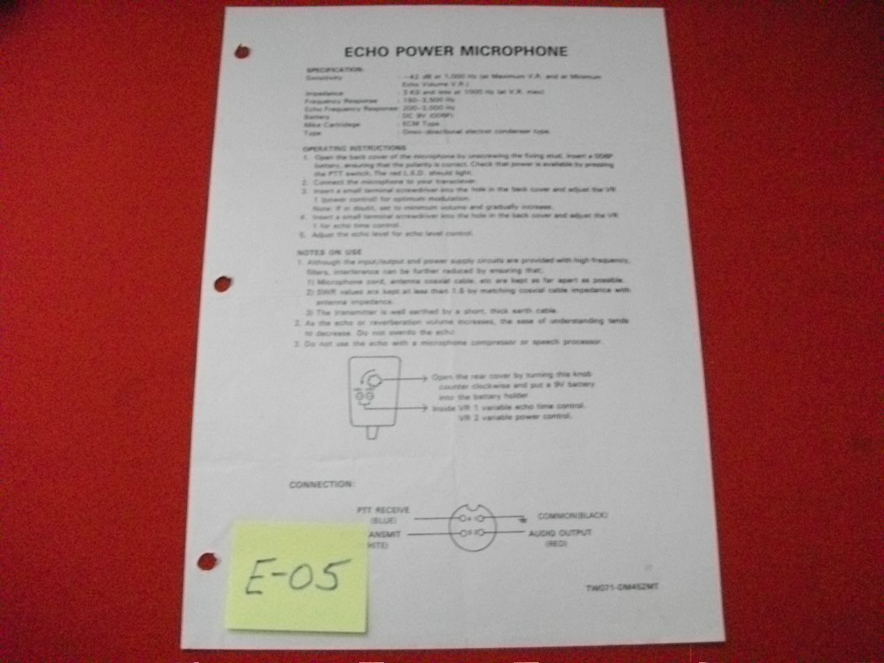 ECHO DM-452 POWER MICROPHONE INFORMATION, SPECIFICATIONS & INSTRUCTION SHEET VGC