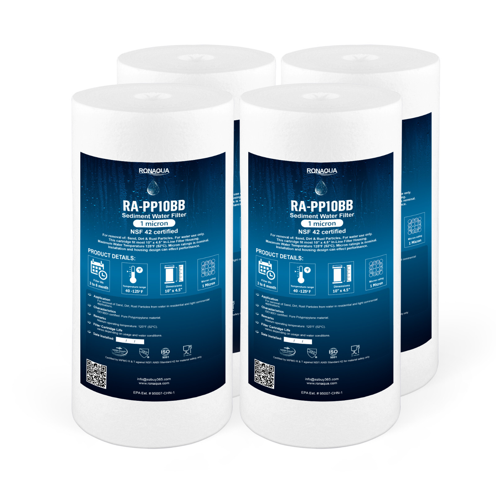 4-PACK of Big Blue 10”x4.5” 1 Micron Sediment Water Filters