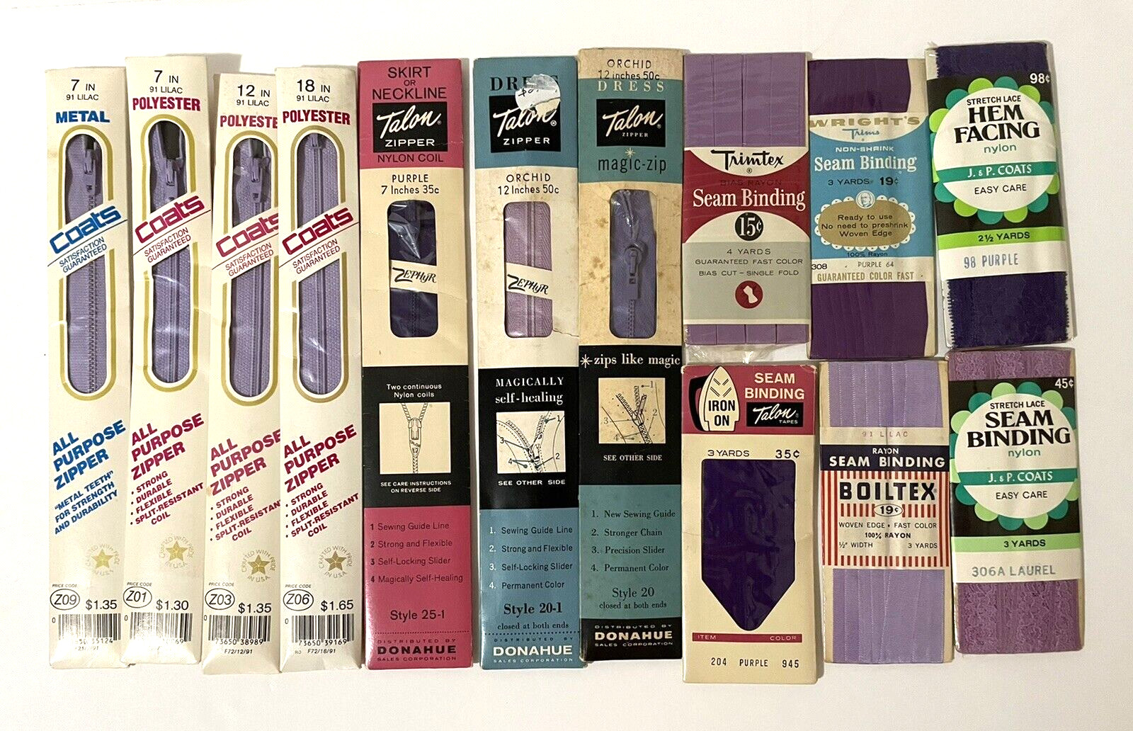 Purple Sewing Lot Talon Coats Zippers Seam Binding Hem Facing Bias Tape Vintage