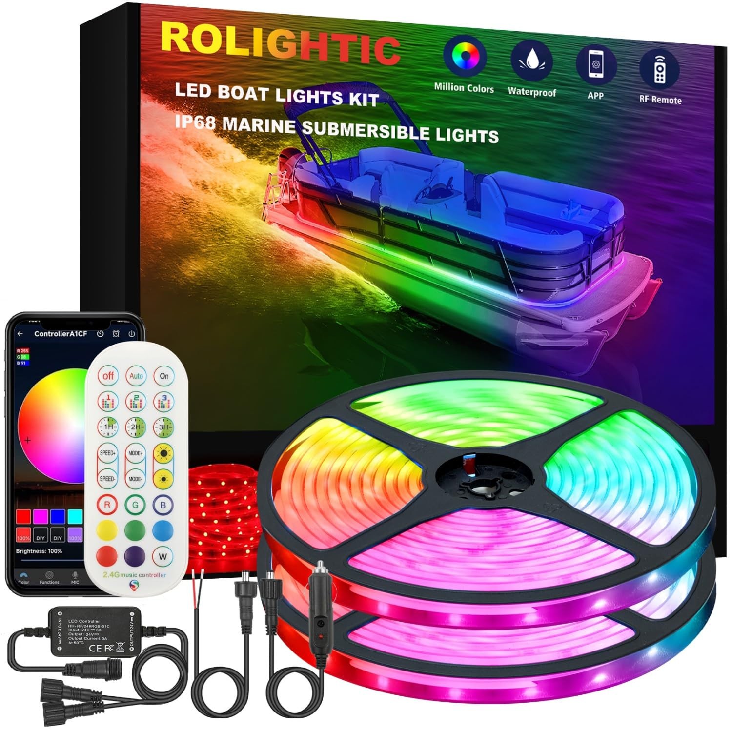 ROLiGHTiC Marine Submersible Boat LED Strip Lights, 50FT 50FT, Multicolor
