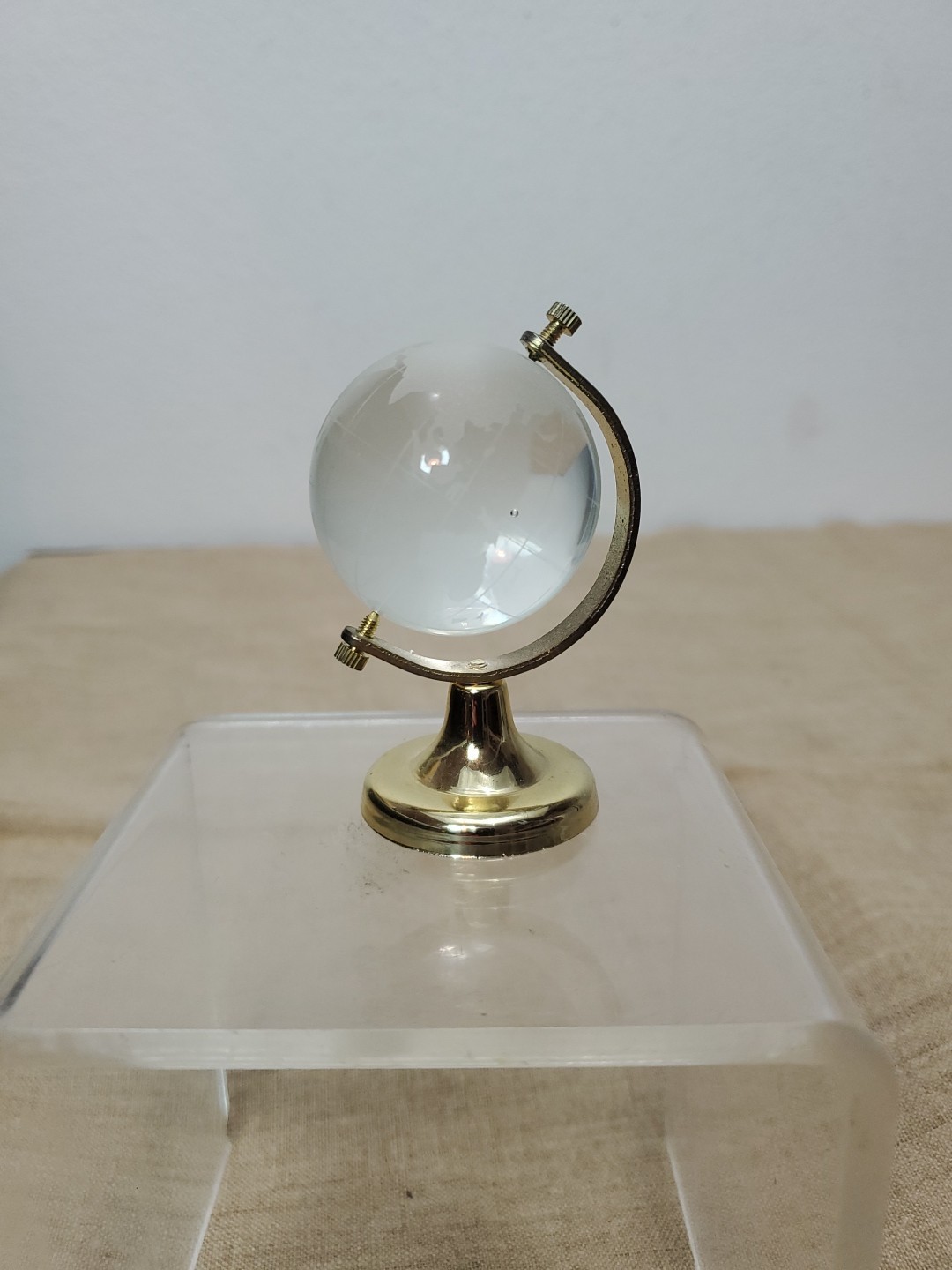 Vintage Miniature Desktop Globe Etched Glass And Brass Paperweight 3" Tall
