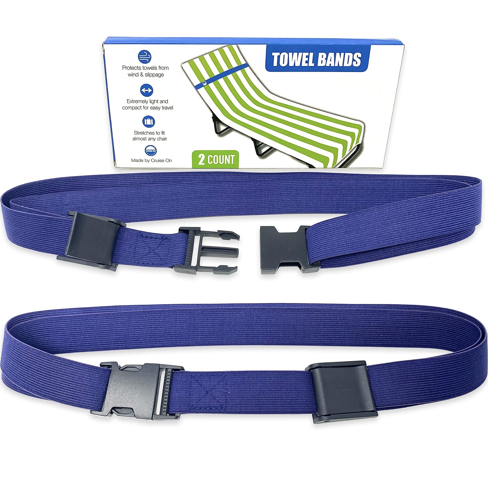 Cruise On Towel Bands for Chairs (2 Extendable Blue Clasps [2-pack]