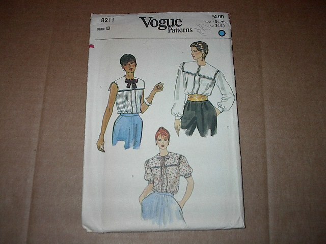 Vogue Pattern 8211 Misses' LS/SS Loose-Fitting Blouse with Variations Size 8 Unc