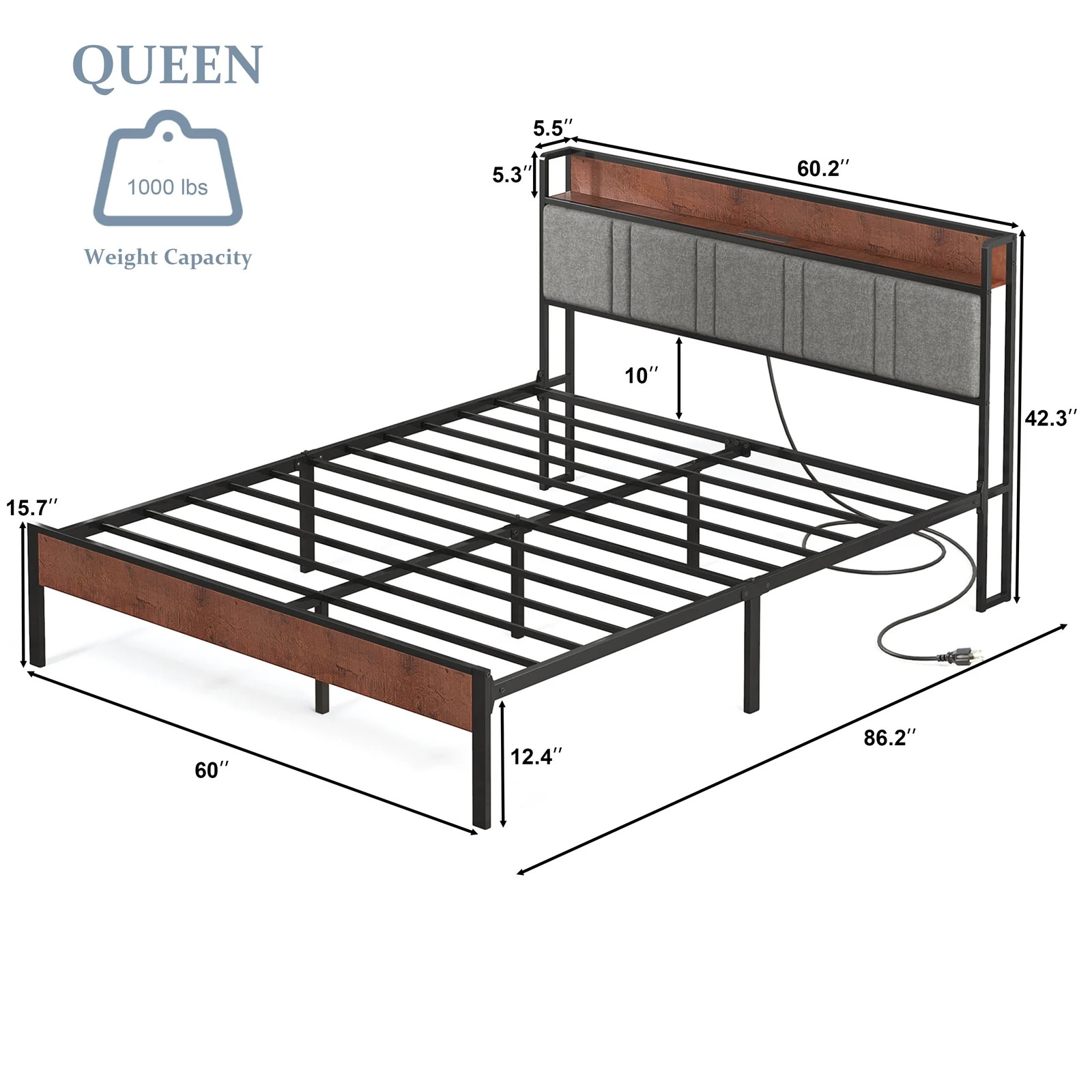 Queen Bed Frame, Platform Bed Queen Size with Charging Station and Storage Uphol