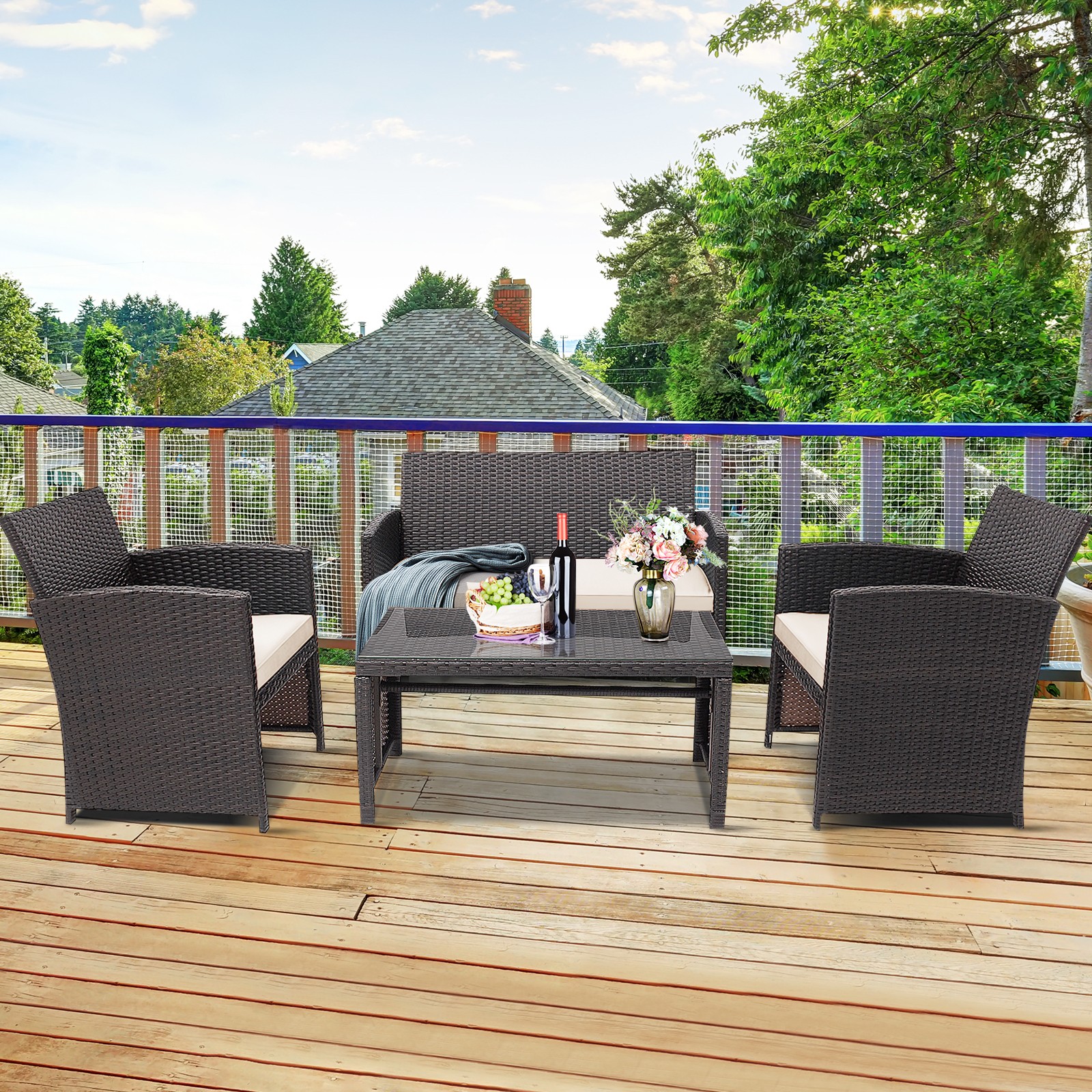 Topbuy 4 PCS Outdoor Patio Furniture Sets Rattan Sofas w/ Soft Cushion White