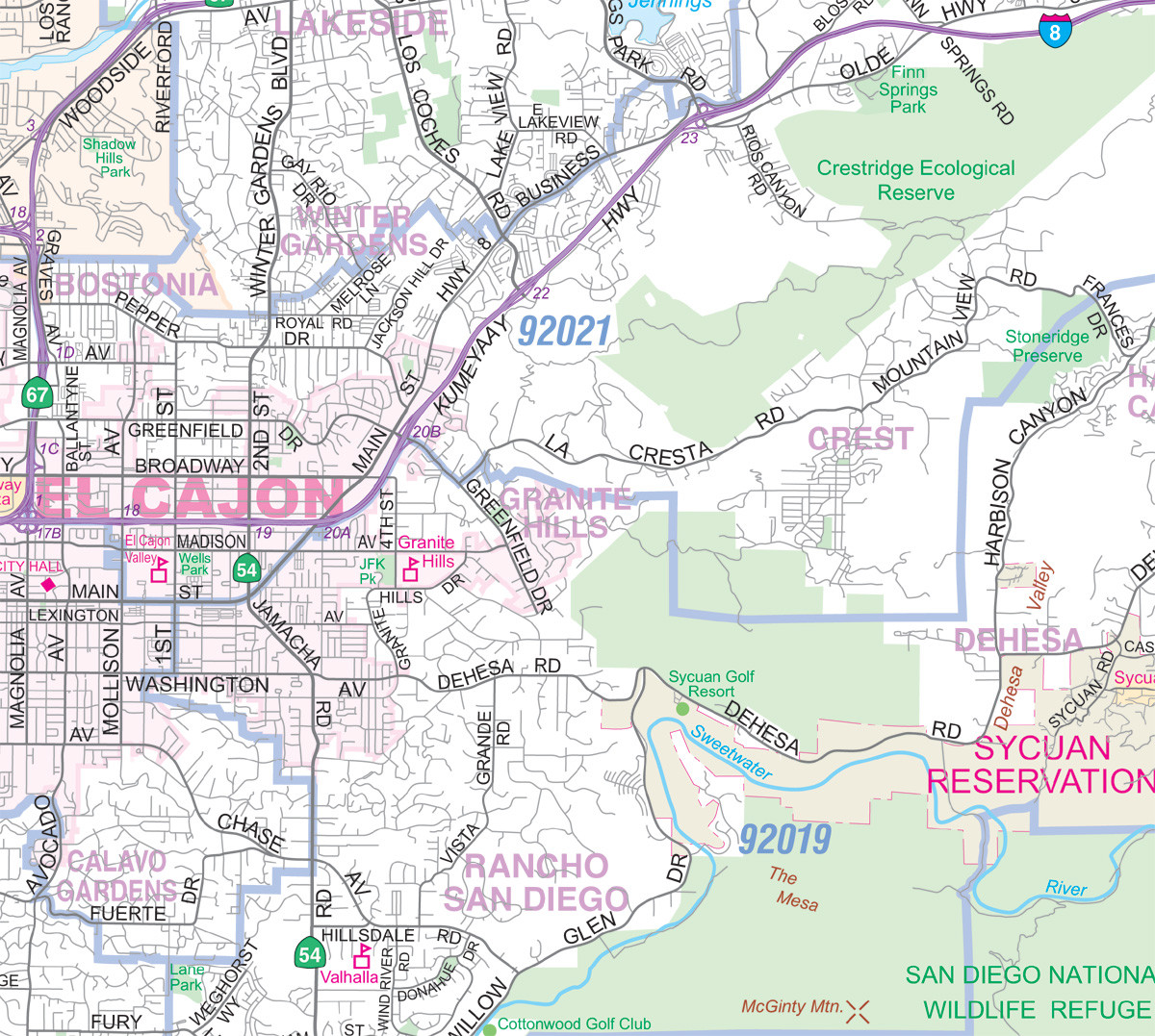 Greater San Diego CA Detailed Region Wall Map w/Zip Codes