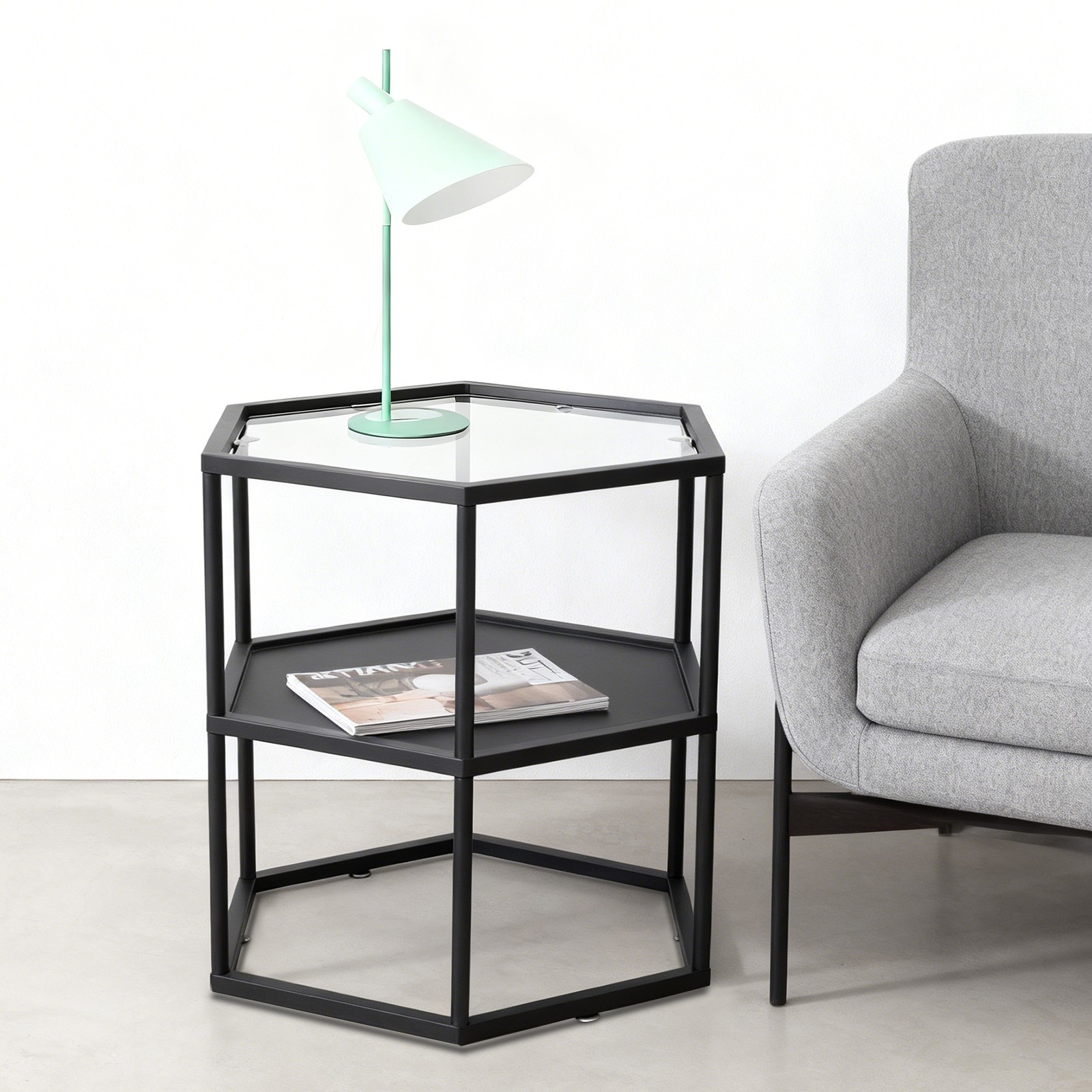 Modern Side Table, Hexagonal Side Table, Iron Side Table with 2-Tier Storage She