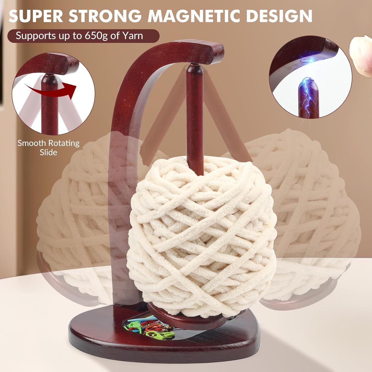 Magnetic Wooden Yarn Holder Spinner for Crocheting Knitting Gifts