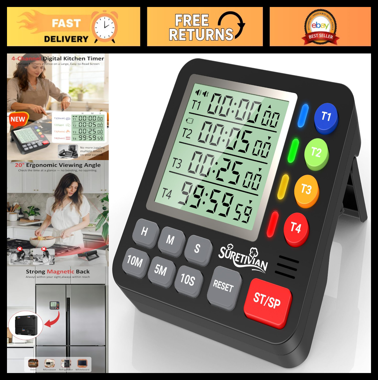 4-Channel Digital Kitchen Timer - Loud Alarm, Silent Mode, Large Display, Magnet