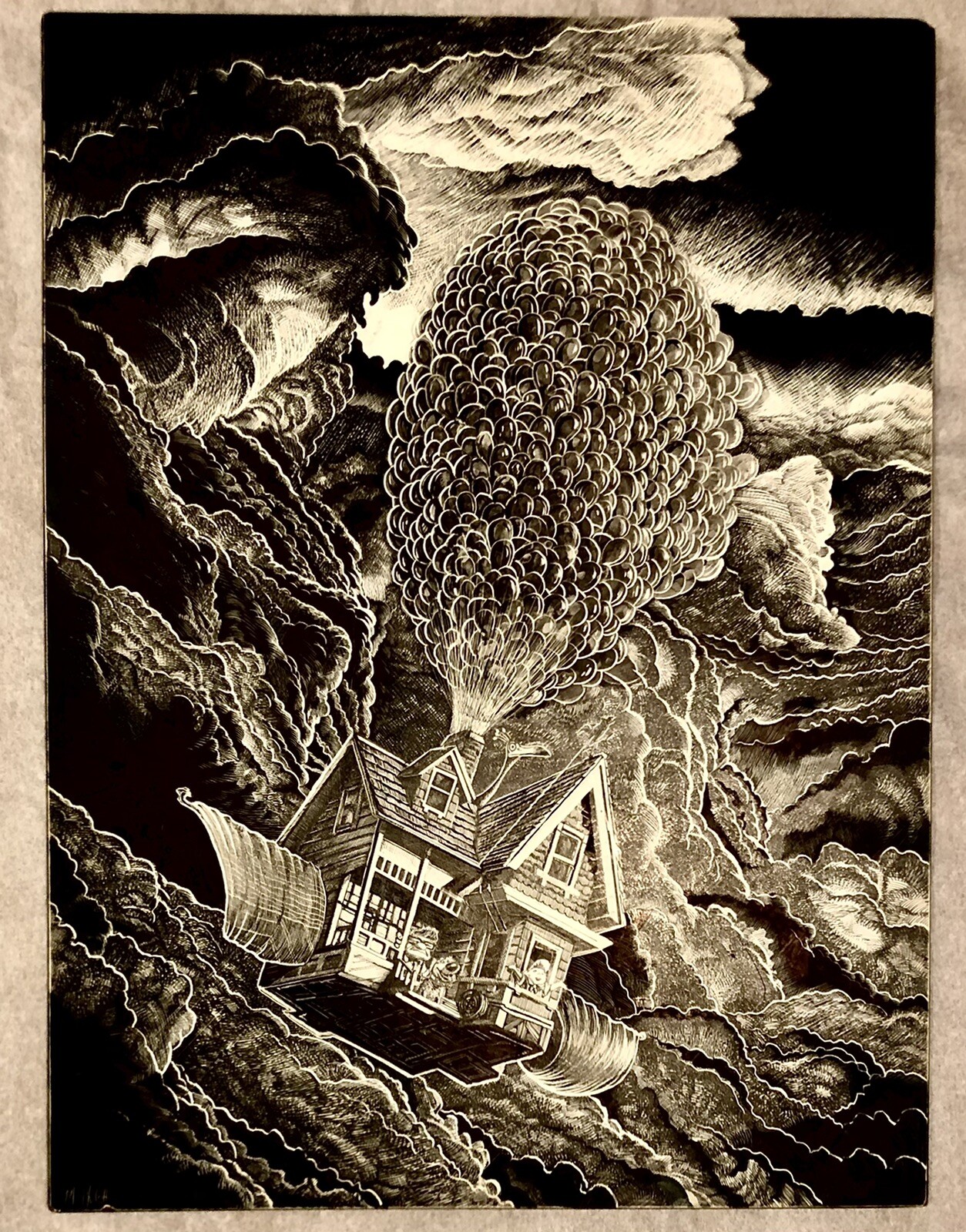 "UP" ORIGINAL ART INK ON CLAYBOARD BY MARK CHILCOTT, ED ASNER SIGNED!