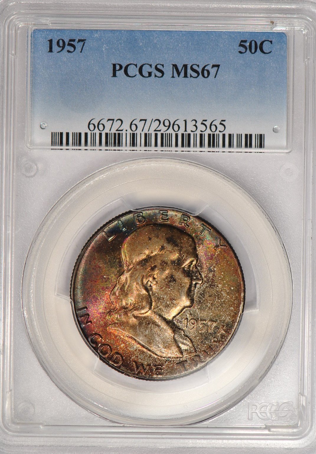 1957 Toned Franklin Half Dollar PCGS MS 67 See Video Toning Silver Coin 50C