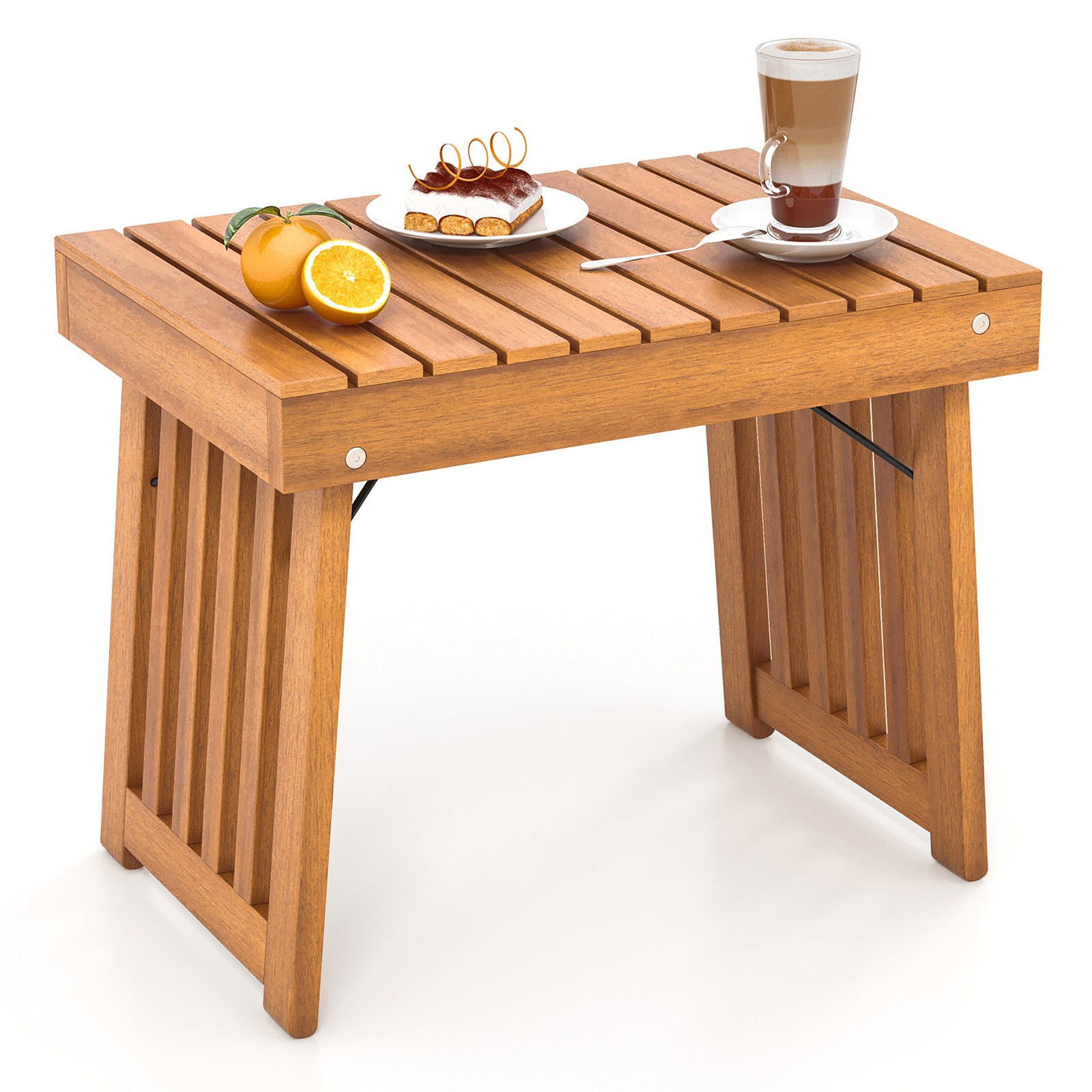 Outdoor Folding Side Table Patio Acacia Wood End Table w/ Slatted Tabletop