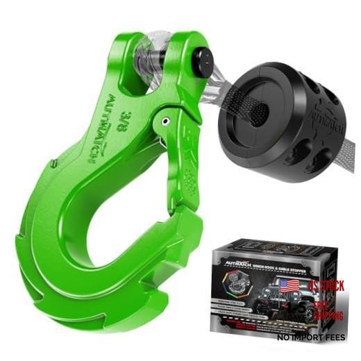 Winch Hook 3/8" - Clevis Slip Hook 3/8" Winch Hook with Cable Stopper Green