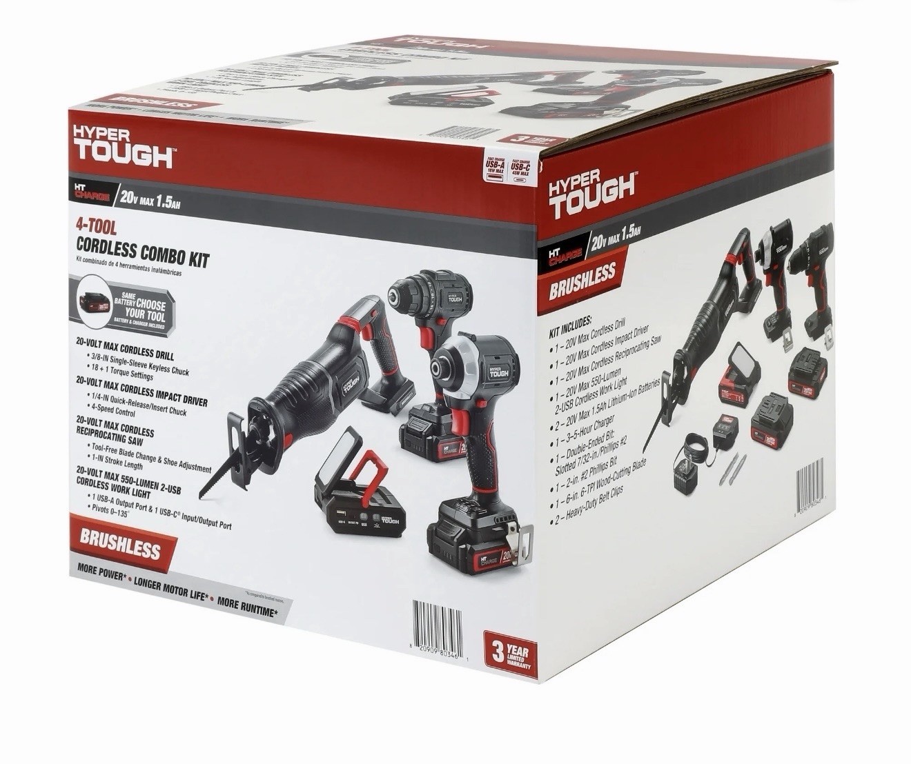 Hyper Tough 20V 4-Tool Cordless Combo Kit Drill Driver Saw Light Charger New Box