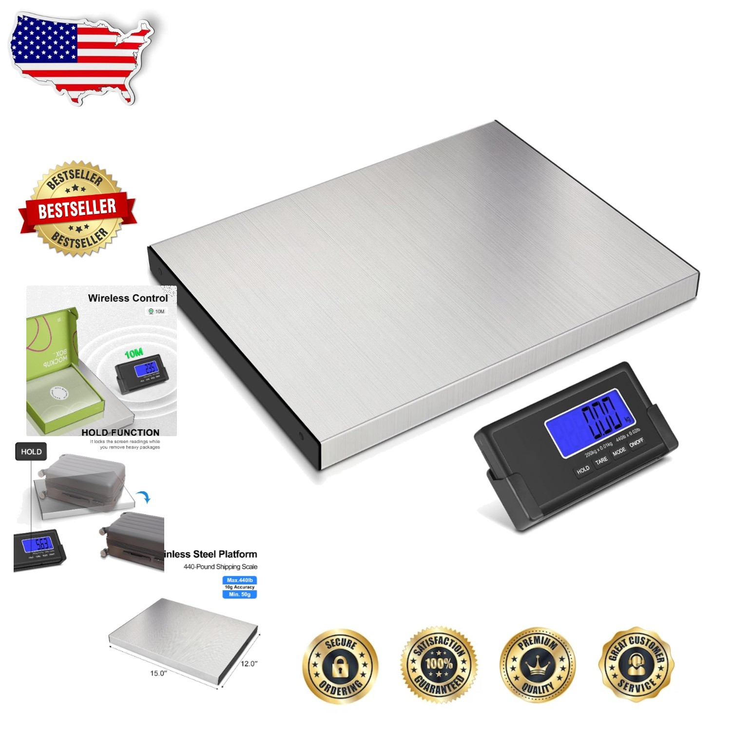 Large Stainless Steel Postal Scale 440lb, Wireless LCD Display, Heavy Duty Pa...