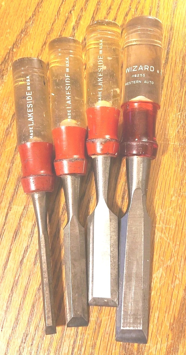 Vintag Wizard And Lakeside Chisels. Set Of 4. 1/4", 1/2", 3/4". Western Auto.