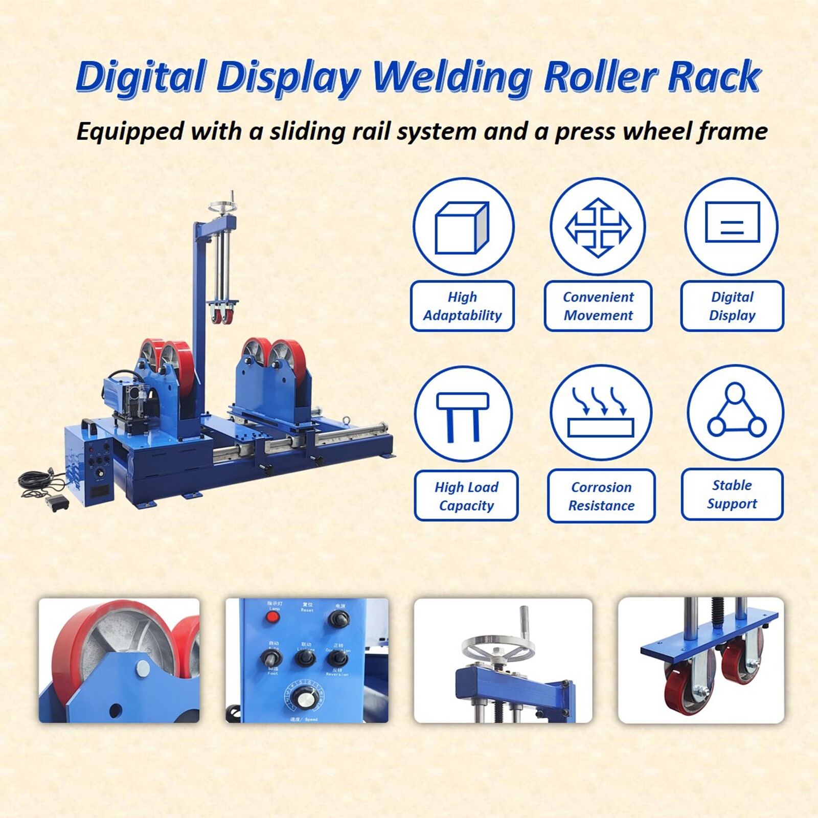 4400 lbs Digital Display Welding Turning Roller w/Sliding Rail Press Wheel Frame