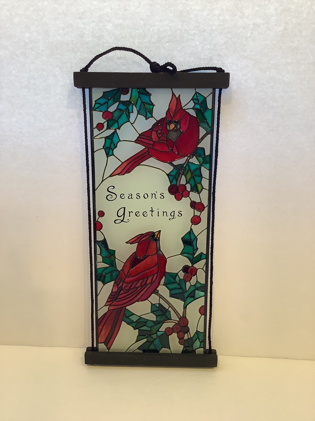 Vtg Joan Baker Hand Painted Stained Suncatcher Red Cardinals Seasons Greetings