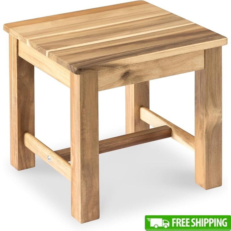 12 Inch Wooden Step Stool Compact Footrest Indoor Outdoor Acacia Wood Furniture