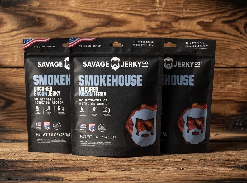 Bbl 3 Savage Jerky Co Smokehouse Uncured Bacon Jerky 1.6oz No Nitrates USA Made