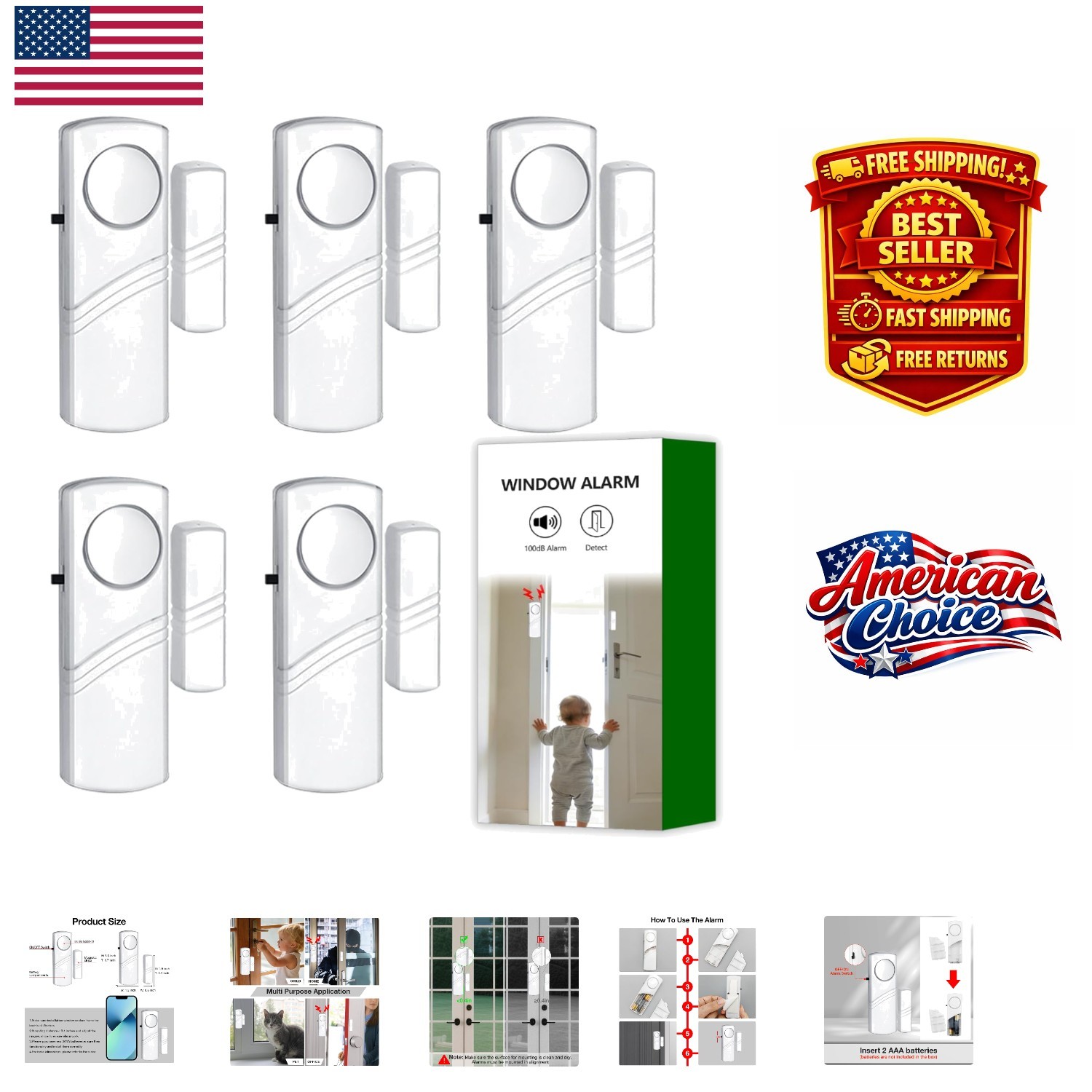 90dB Wireless Door & Window Alarm 5-Pack - Easy Setup & Home Security Solution
