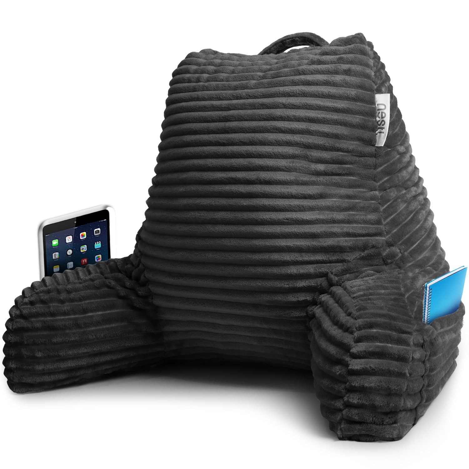 Luxe Plush Reading Pillow, Shredded Foam Back Support for Bed, Black