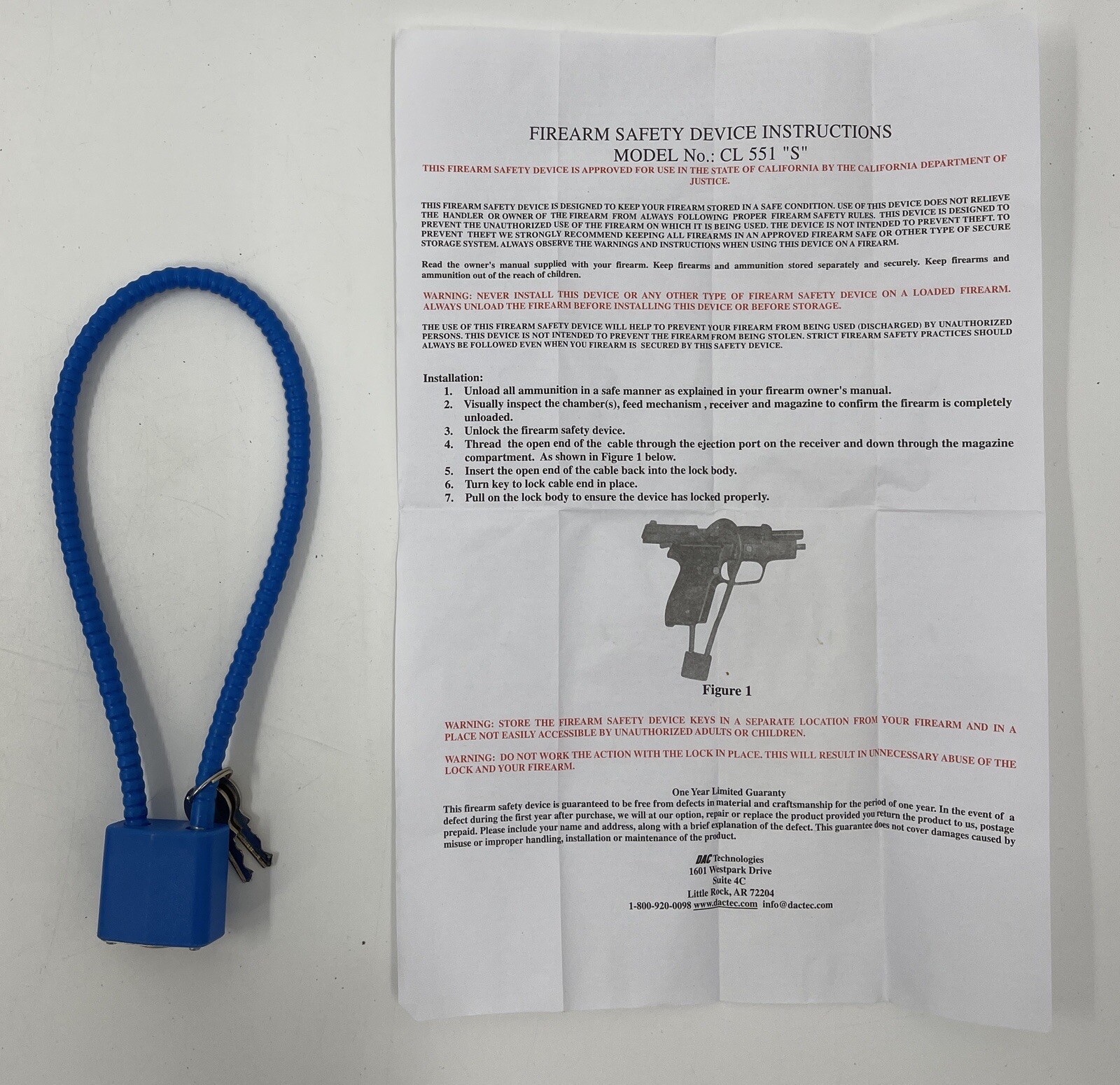 DAC Technologies Firearms Gun Lock CL551S - Blue 2 Keys Safety