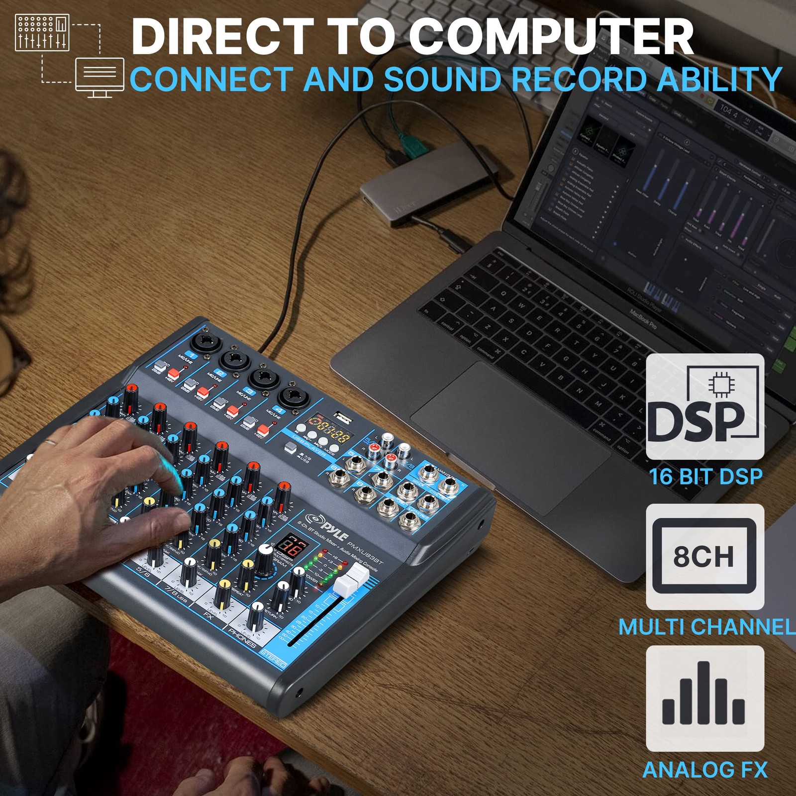 Pyle 8 Channel Bluetooth Studio Mixer - USB Computer Recording, 8, Black