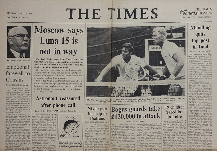 THE TIMES NEWSPAPER 19 JULY 1969 . MAN ON THE MOON APOLLO 11 LUNA 15 HEADLINE