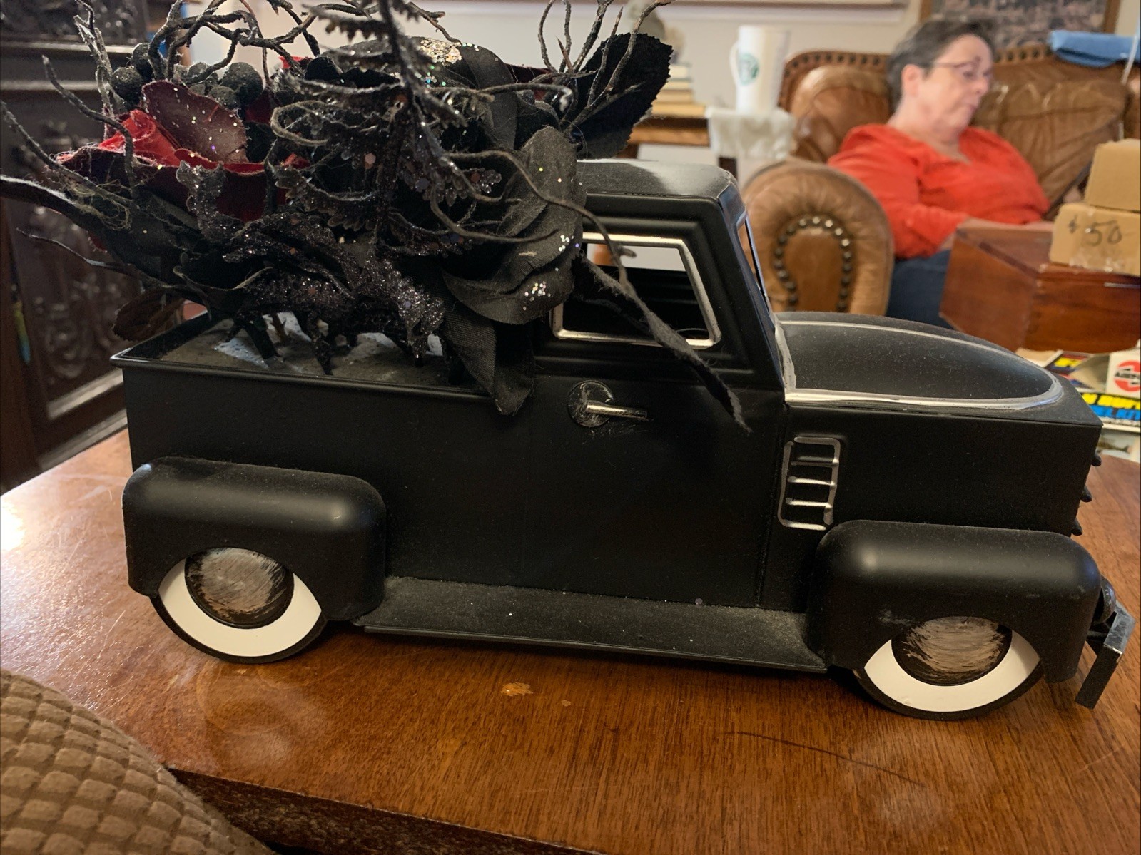 VINTAGE Style 12” Metal Truck Decorative Black With Flowers