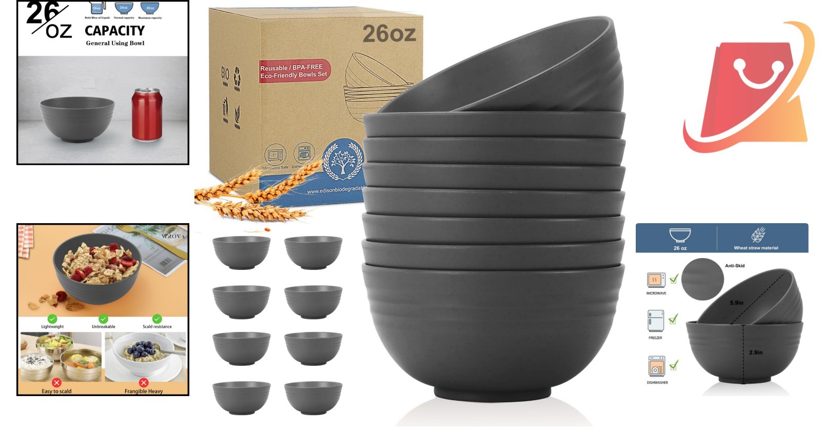 Wheat Straw Bowls Set 8Pcs 26Oz Unbreakable Microwave Dishwasher Safe Camping