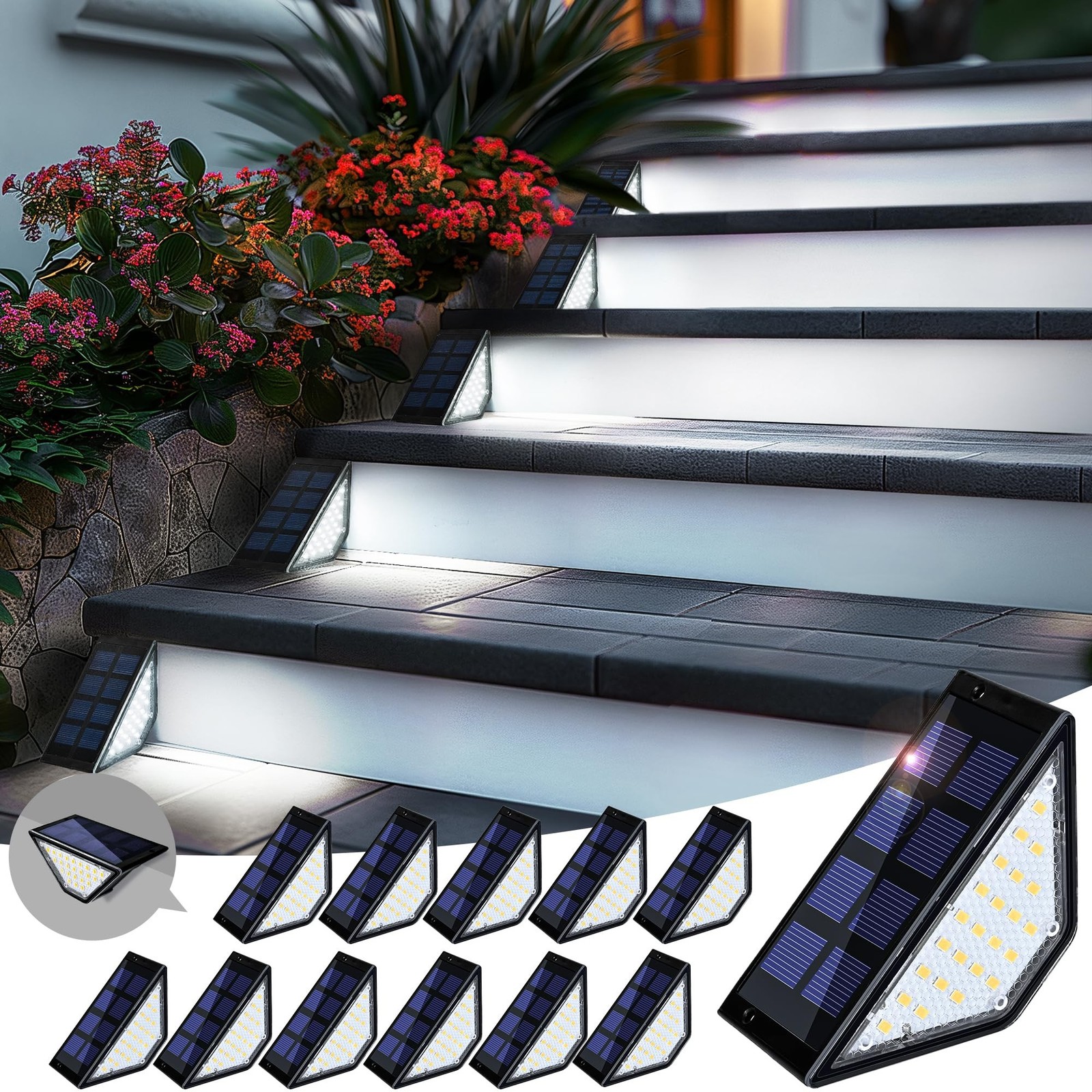 PATIOWIN 12 Pack Solar Step Lights for Outside, 24 LEDs Solar Stair Lights Wa...
