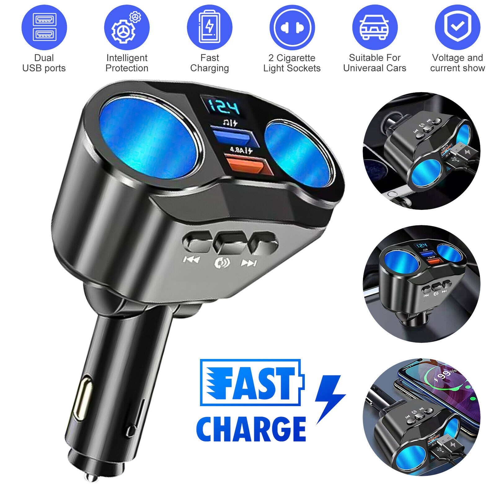 2 Way LED Car Cigarette Lighter Socket Splitter Dual USB Chargers Dock Adapter