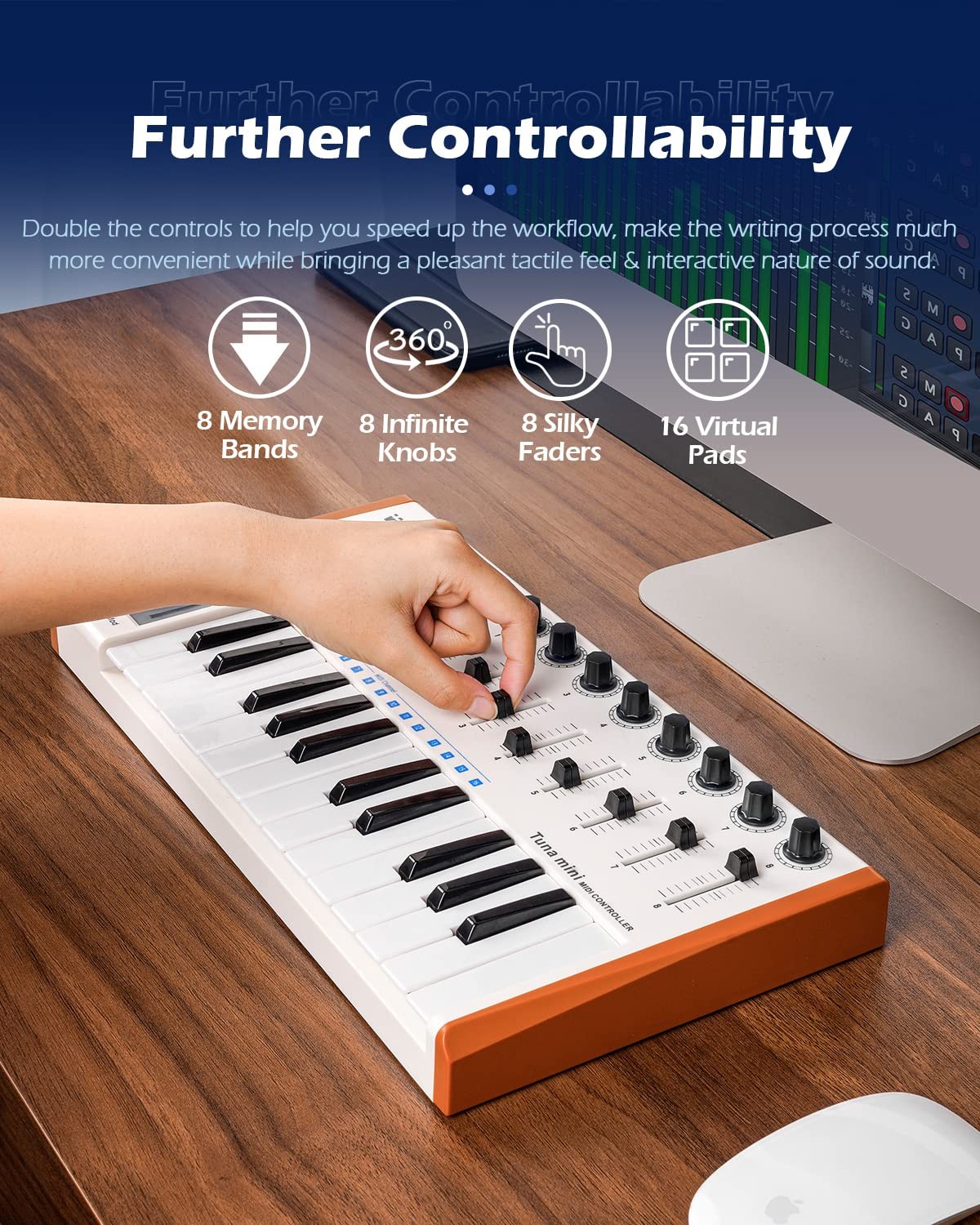 Vangoa Worlde 25 Key MIDI Keyboard Controller White 8 Knobs 8 Sliders