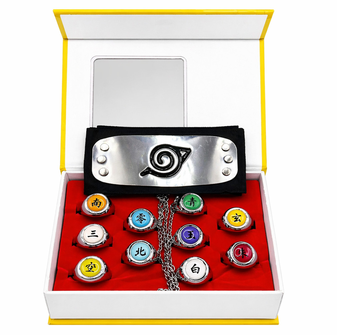 AKATSUKI Rings 10 Pcs NARUTO Cosplay Ring With Chain Anti Leaf Village Headband