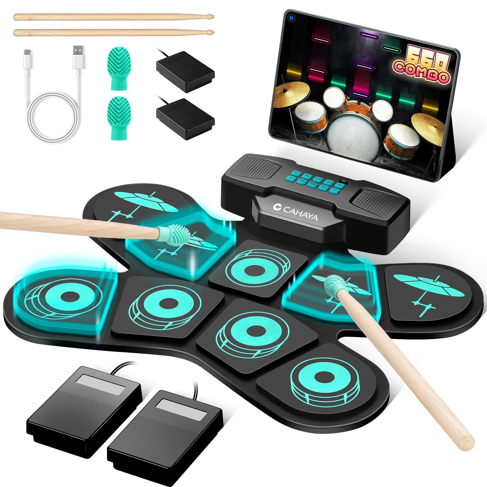 CAHAYA Electronic Drum Pad Set Dual Speakers Portable 9-pads Electric Practice