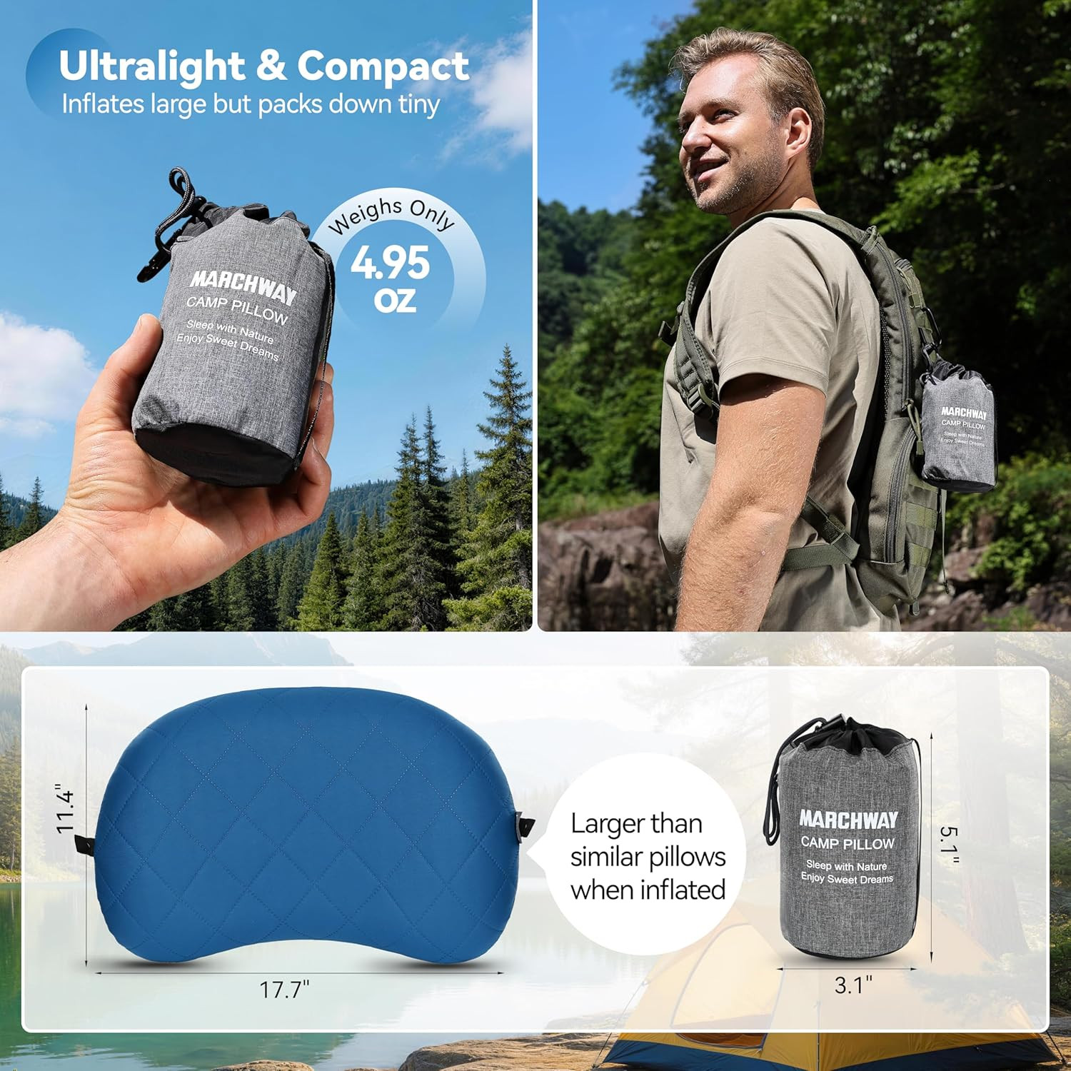Ultralight Inflatable Camping Pillow with Soft Washable Cover, Compact Compre...
