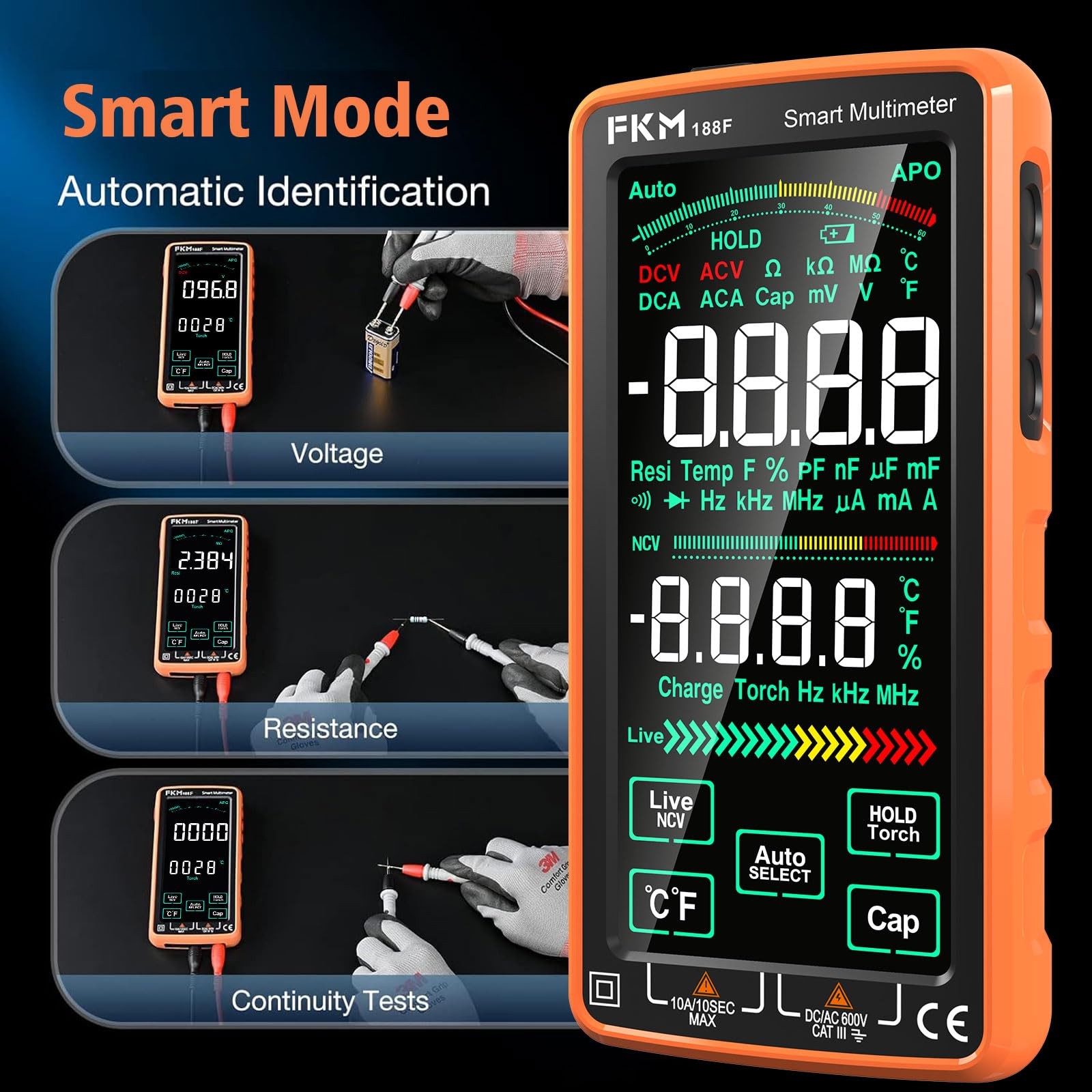 FKM Pro Digital Multimeter Tester,Compact & Rechargeable 6000 Counts, orange