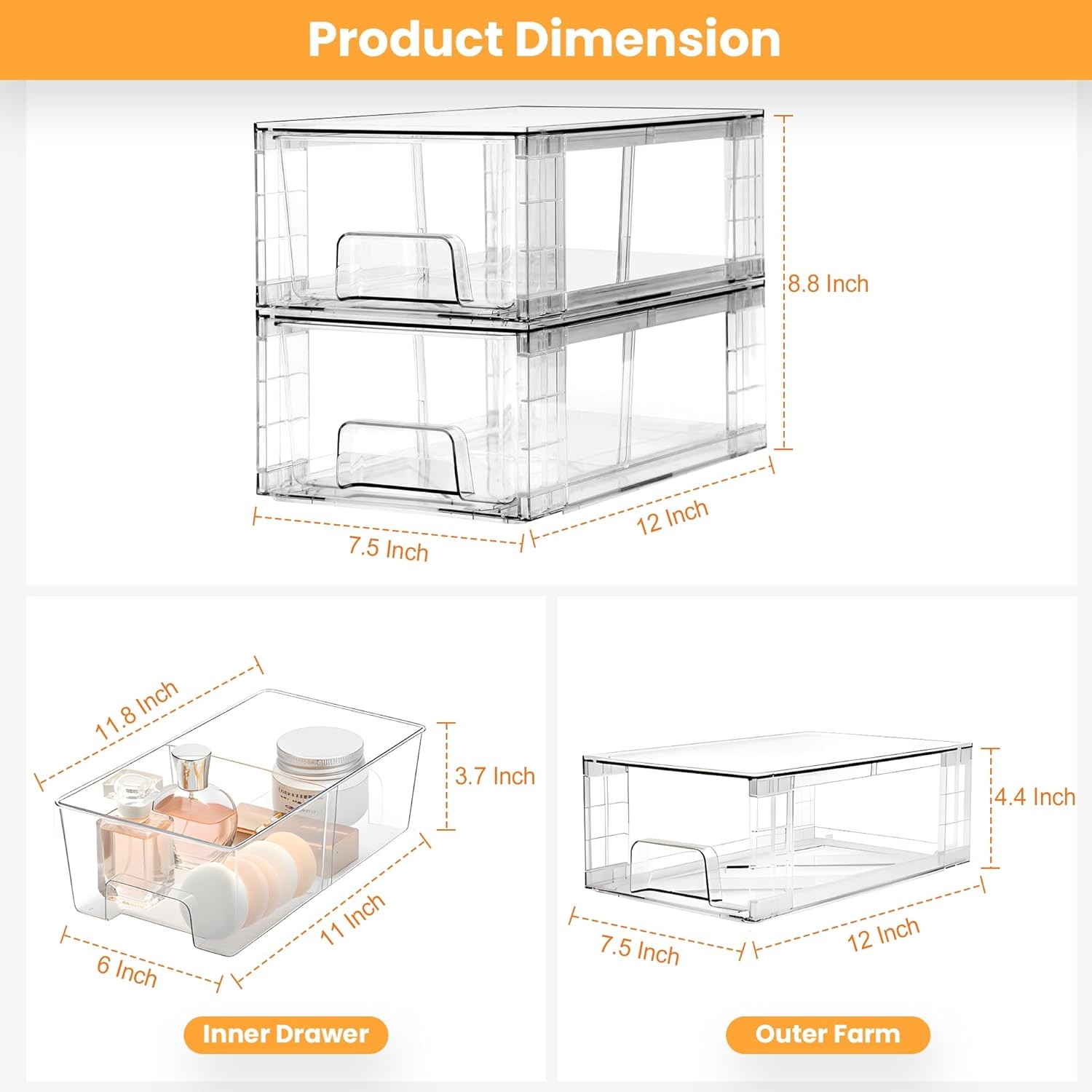 2 Pack Stackable Storage Drawers,Plastic Organizers Bins Drawers Storage W/