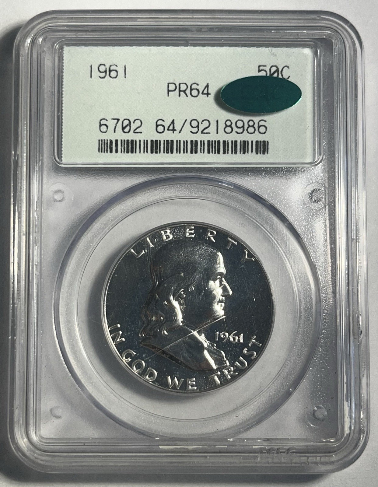1961 PROOF FRANKLIN SILVER HALF DOLLAR GRADED PCGS PR64 CAC GEN 2 OGH OLD HOLDER