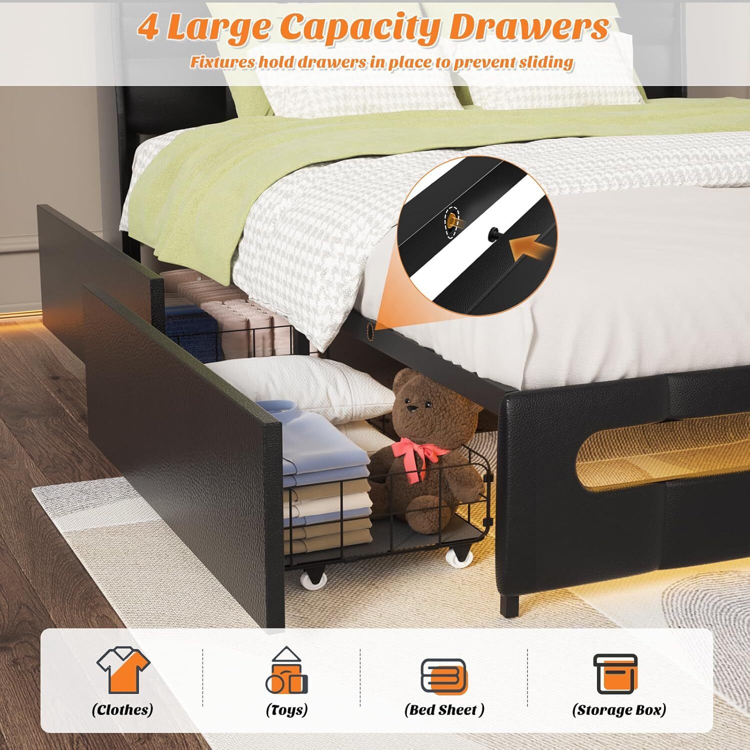 Homieasy Bed Frame with 4 Drawers ＆ Upholstered Headboard ＆ LED Lights ＆ Outlets