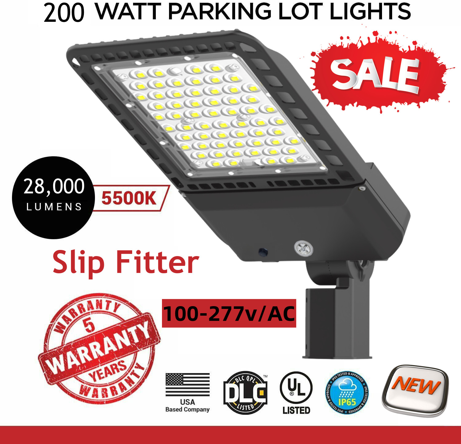 200W LED Shoebox Parking Lot Light Street Roadway Outdoor Pole Lamp +Slip Fitter