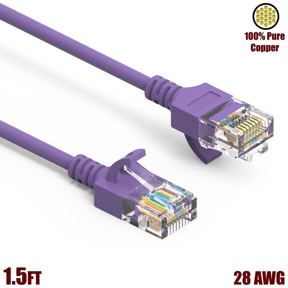 1.5FT Cat6A RJ45 SLIM Ethernet LAN Network UTP Patch Cable Copper 28AWG Purple