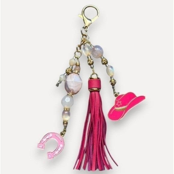 Pink Western Cowgirl Bag Charm Keychain Tassel Horseshoe Hat Beaded Accessory