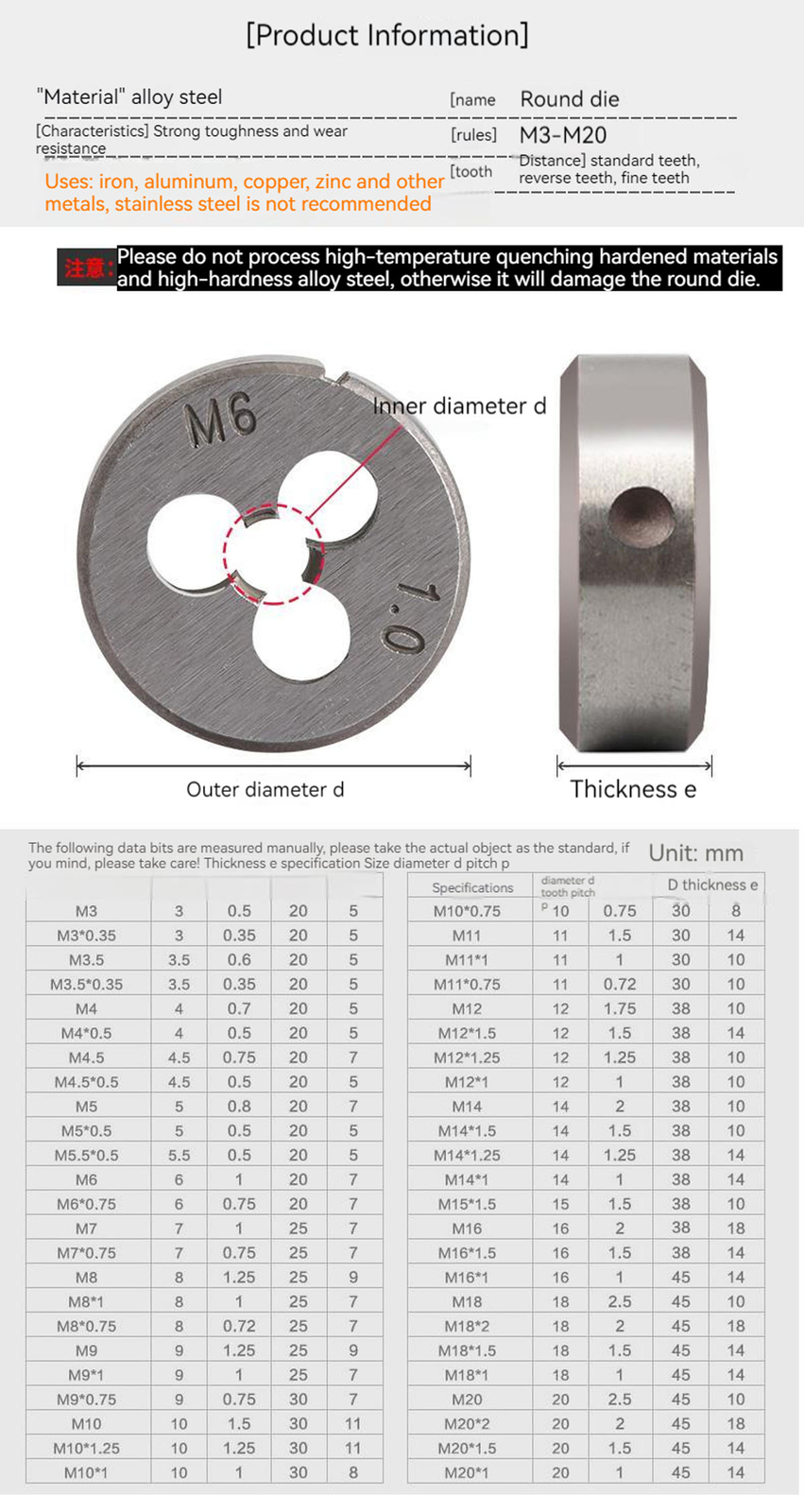 1pc Metric Right Hand Die M34 X 1 1.5 2mm Threading Tools